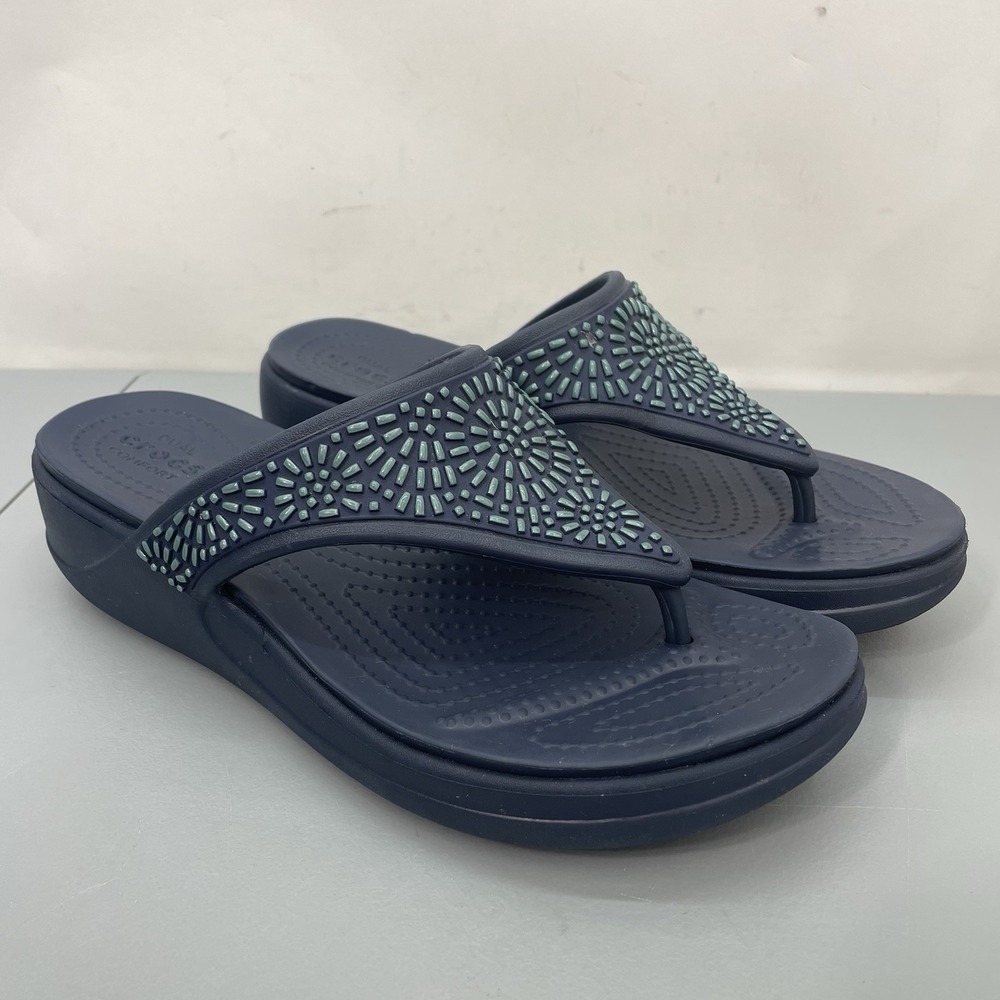 Crocs Monterey Diamante Wedge Flip Flops Thong Sandals Beach Blue Womens 8